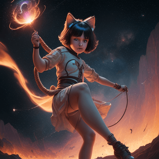 AI generated: cinematic young beautiful pretty and cute female with a monkey tail, big eyes, kitty ears and carre ...