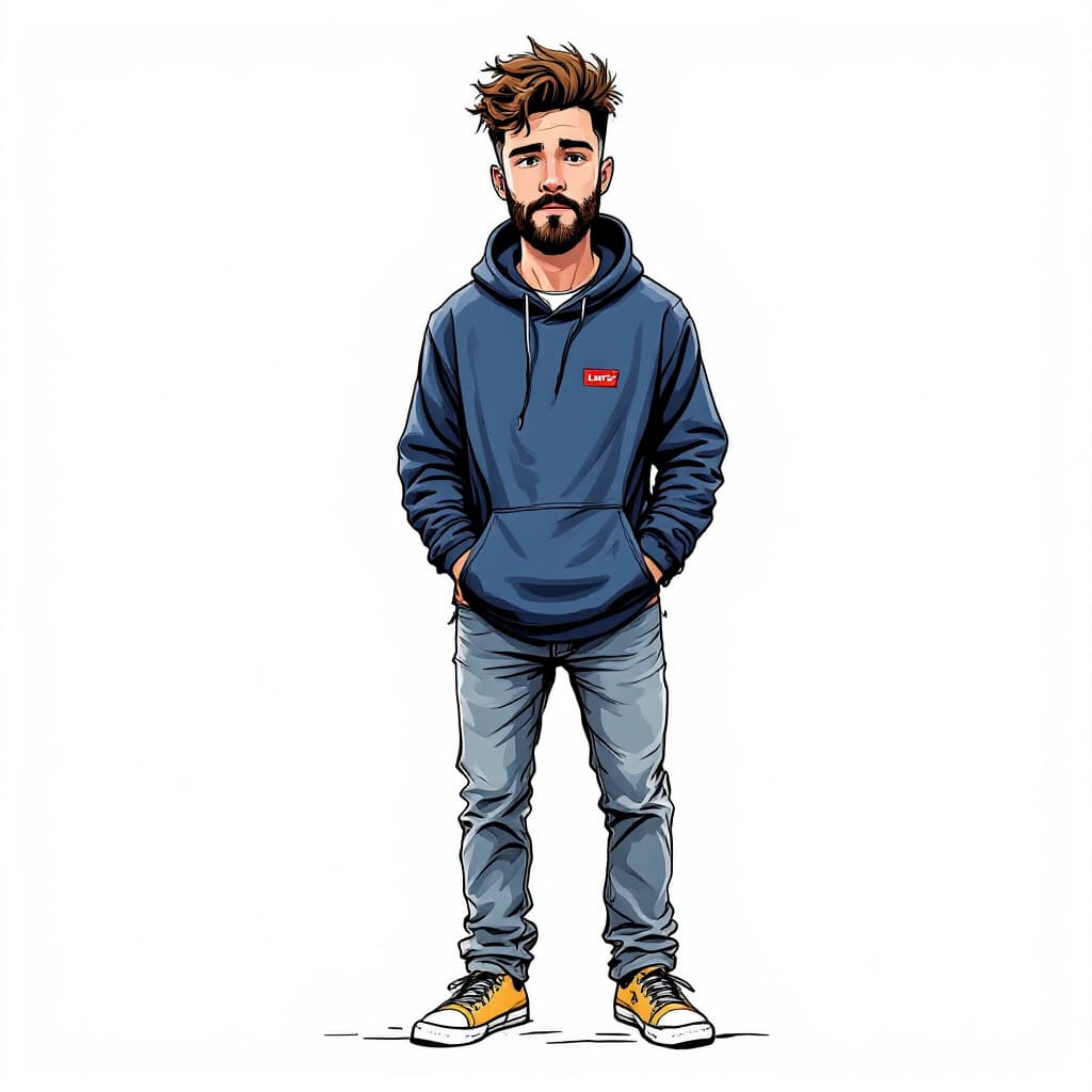 AI generated: Una ilustración de cuerpo entero en estilo de pegatina de un joven con cabello castaño y poca barba,...