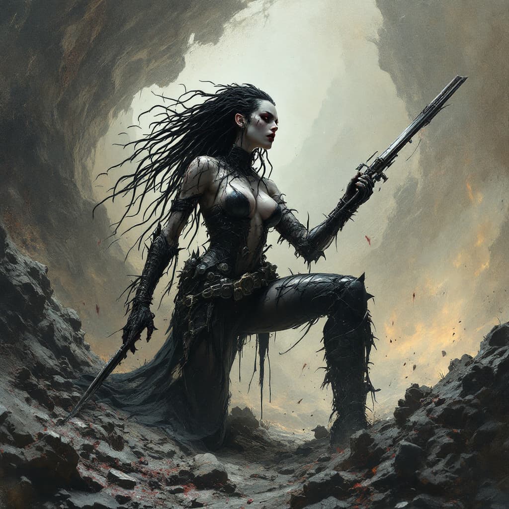 AI generated: Female vampire chaos space marine, holding a weapon, long black dreads, in the style of gritty horro...