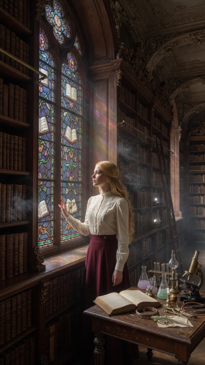AI generated: "A beautiful young woman with long, flowing golden-blonde hair, wearing an elegant vintage blouse an...