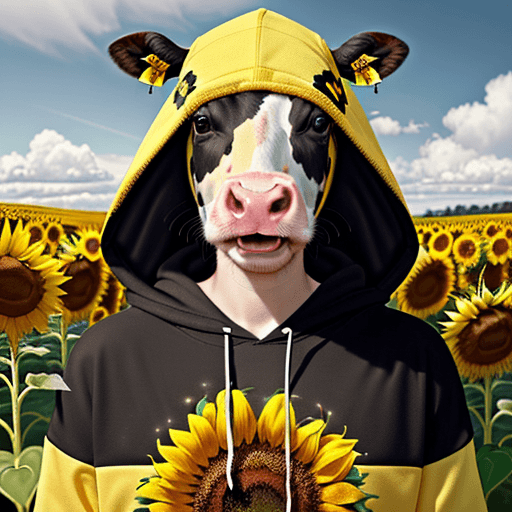 AI generated: a happy cow wearing a bumble bee hoodie with the hood on in a sunflower field, in the style of illus...