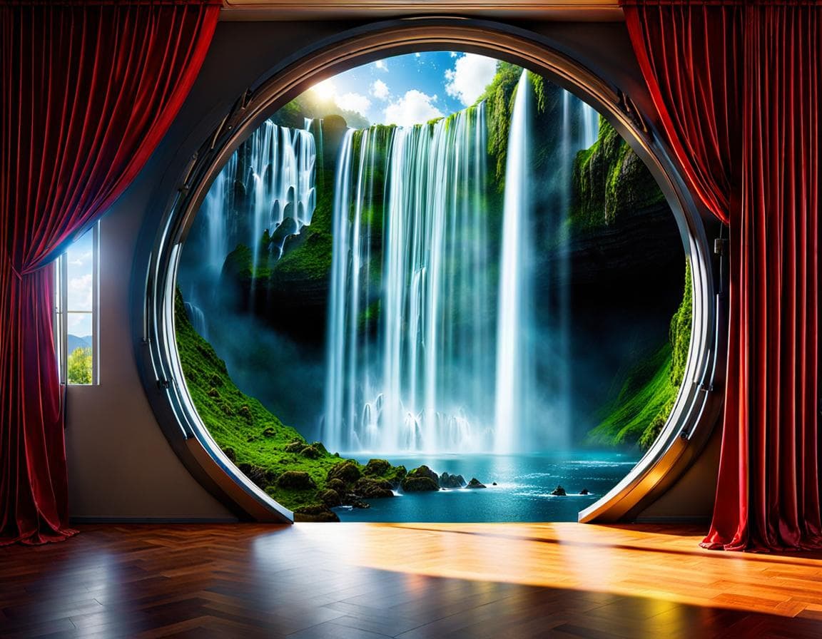 AI generated: inside of a room is a curtain opening, inside the room the curtain reveals a magical portal to a bea...