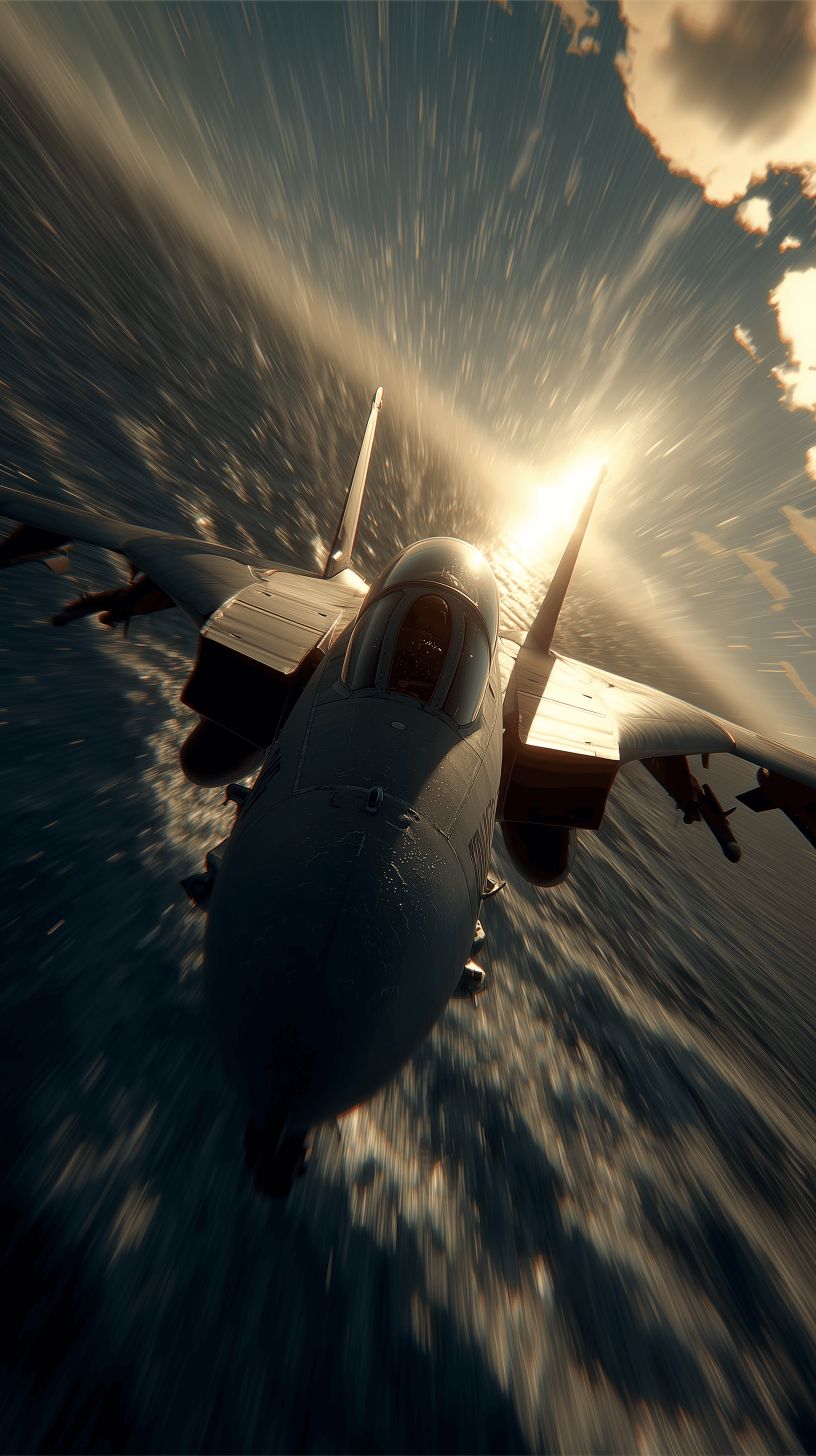 AI generated: photorealistic, front shot, F-14, central dynamic composition, scene of flying over the sea, huge sp...