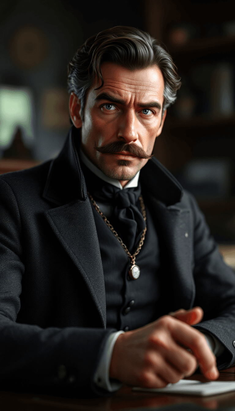 AI generated: Create a highly detailed and realistic 3D avatar of a middle-aged Victorian-era police inspector sat...