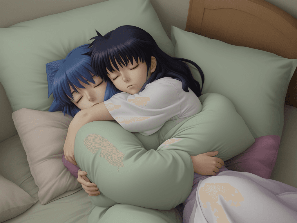 AI generated: photo of Higurashi Kagome character in Inuyasha series. 
sleeping
hugging a pillow