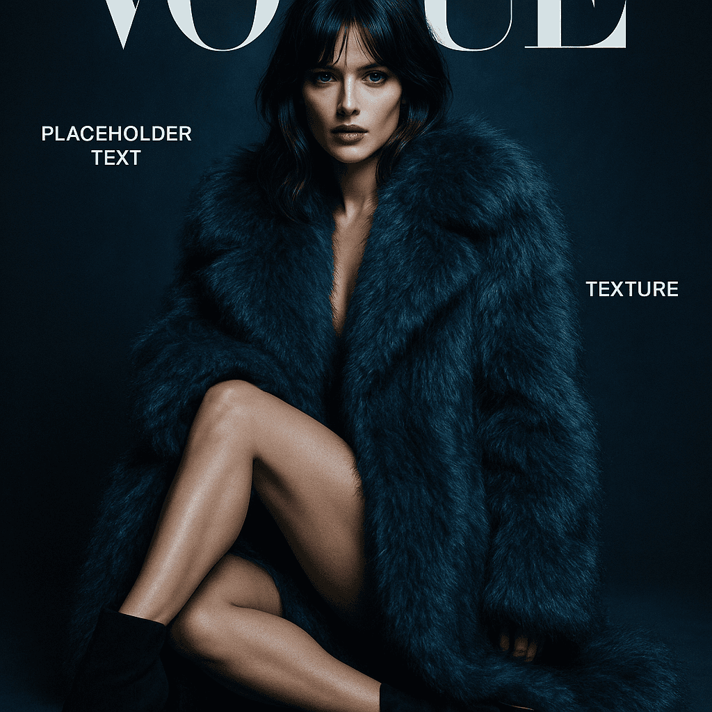 AI generated: Vogue magazine cover photo of a high-fashion female model sitting confidently in a dramatic oversize...
