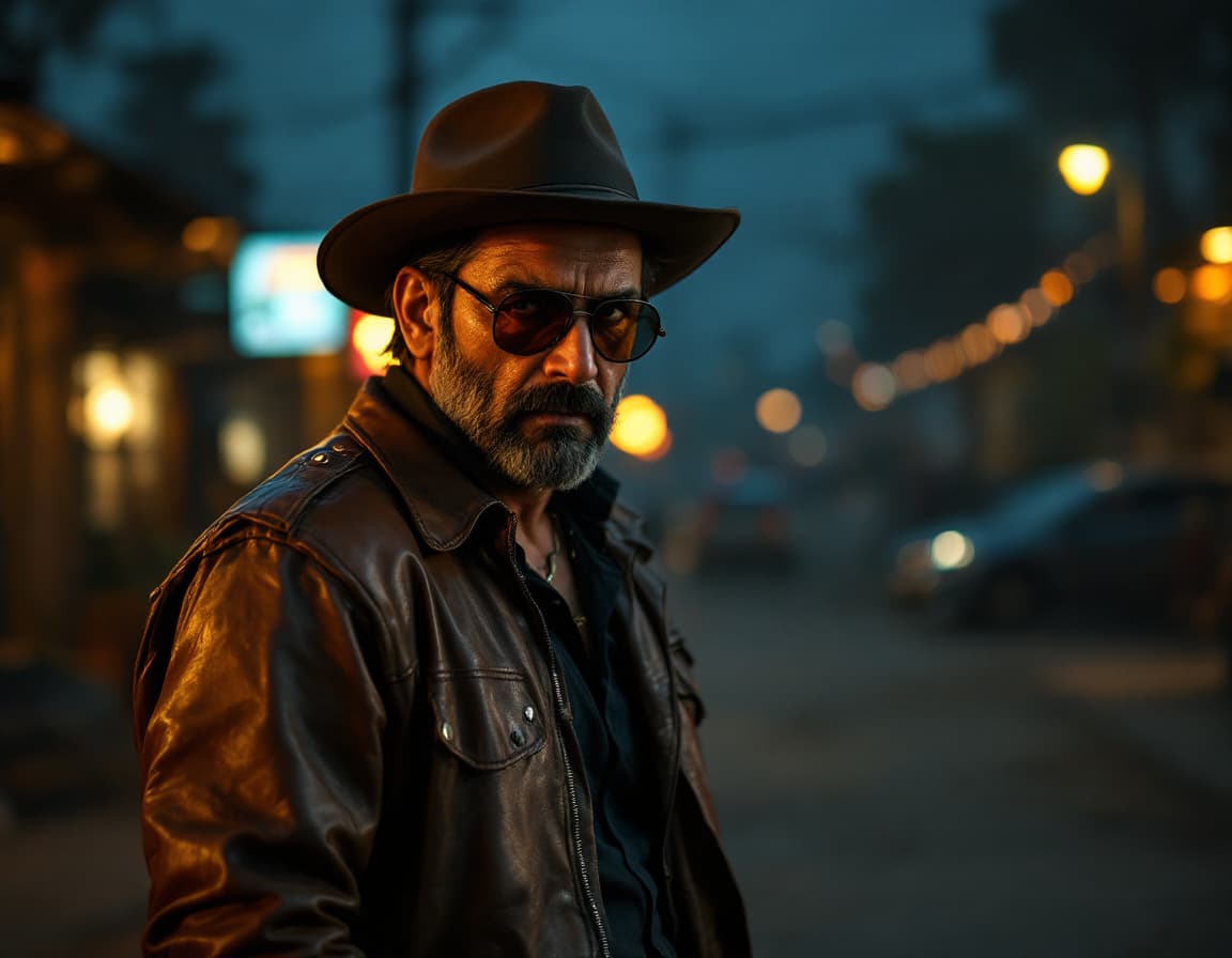 AI generated: The protagonist, a traditional Indian film star in his 40s, is in focus. His confident presence is h...