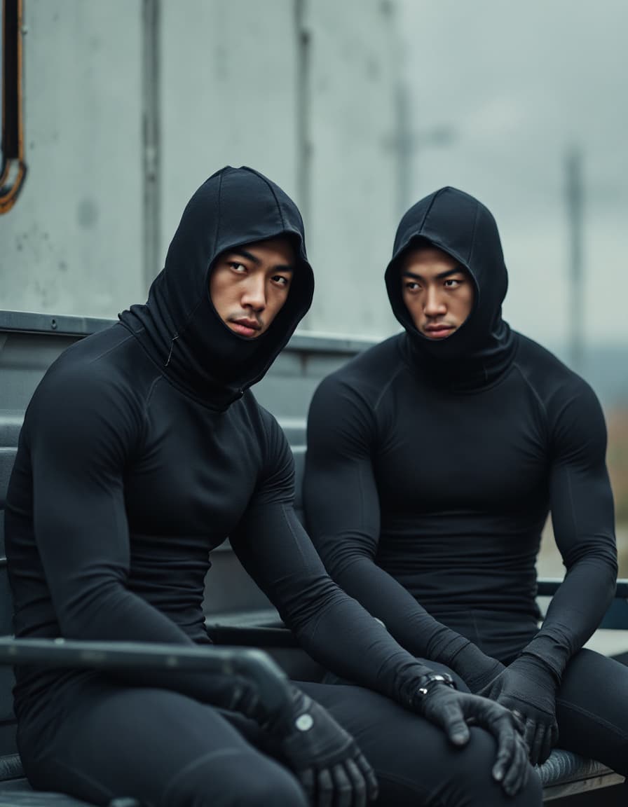 AI generated: Two athletic male Asian Chinese criminal suspects are wearing compression jammers sitting at the bac...