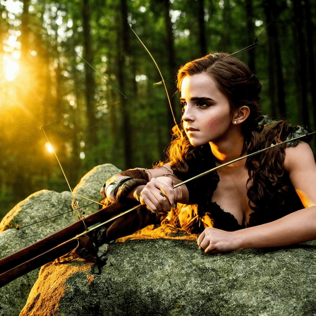 AI generated: a savage and beatiful female young archer, with the face of emma watson and big boobs, with fantasy ...