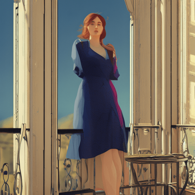 AI generated: mdjrny-v4 style photograph of a woman, standing on a balcony, stunning environment, ultra realistic,...