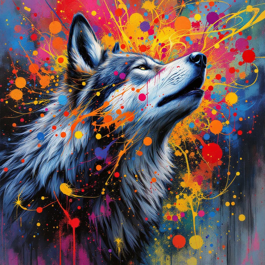 AI generated: Techno art painting, portrait of grey wolf howling, very colorful, whirlwinds starting on neck, pain...