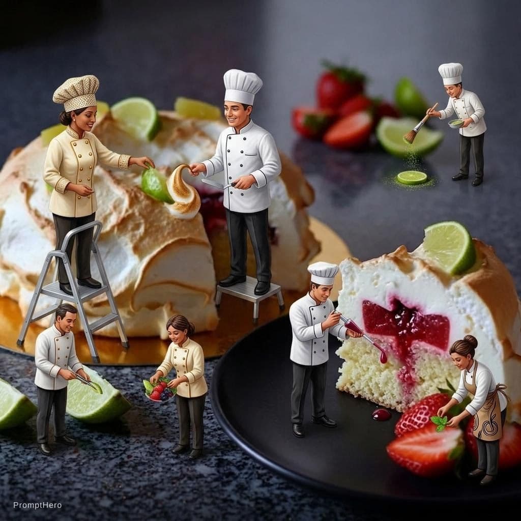 AI generated: respectez l image originale de ces pâtisseries ajoutez justes des mini personnages, femmes  ,hommes ...
