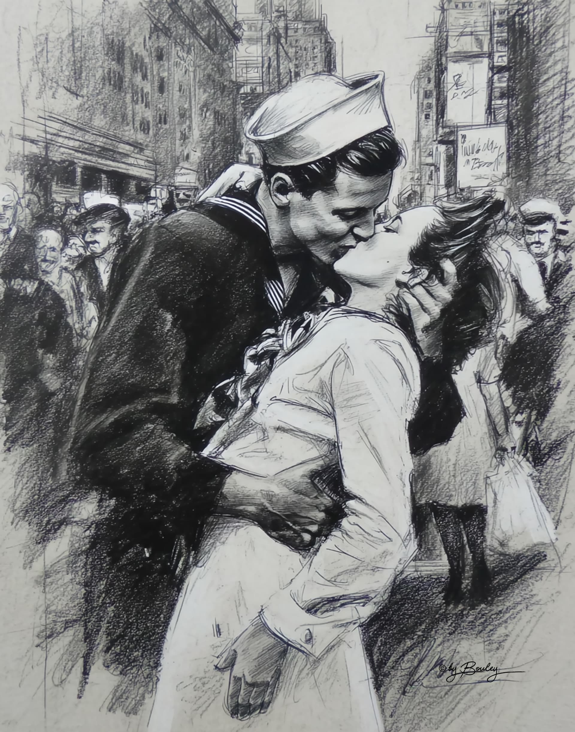 AI generated: A black and white charcoal rough pencil sketch of the famous 'Kiss in Times Square' in the style of ...