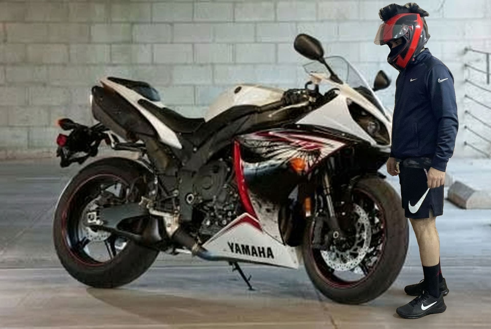 AI generated: Added me With the same details standing beside the motorcycle that uploaded looking, wear me full bl...