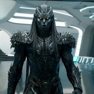 AI generated video: Multiple armed characters from reference image one move through the hangar of reference image 2, clo...