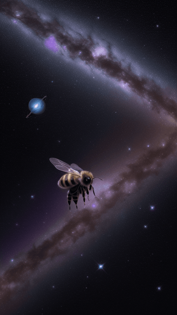 AI generated: {A honeybee floats in the darkness of space, its wings buzzing softly. The bee is surrounded by star...