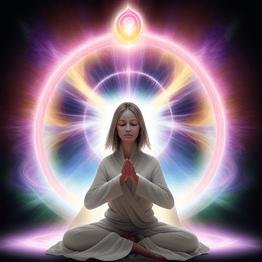 AI generated:  woman in the middle of picture sharing her aura and 
getting divine force from outside.
