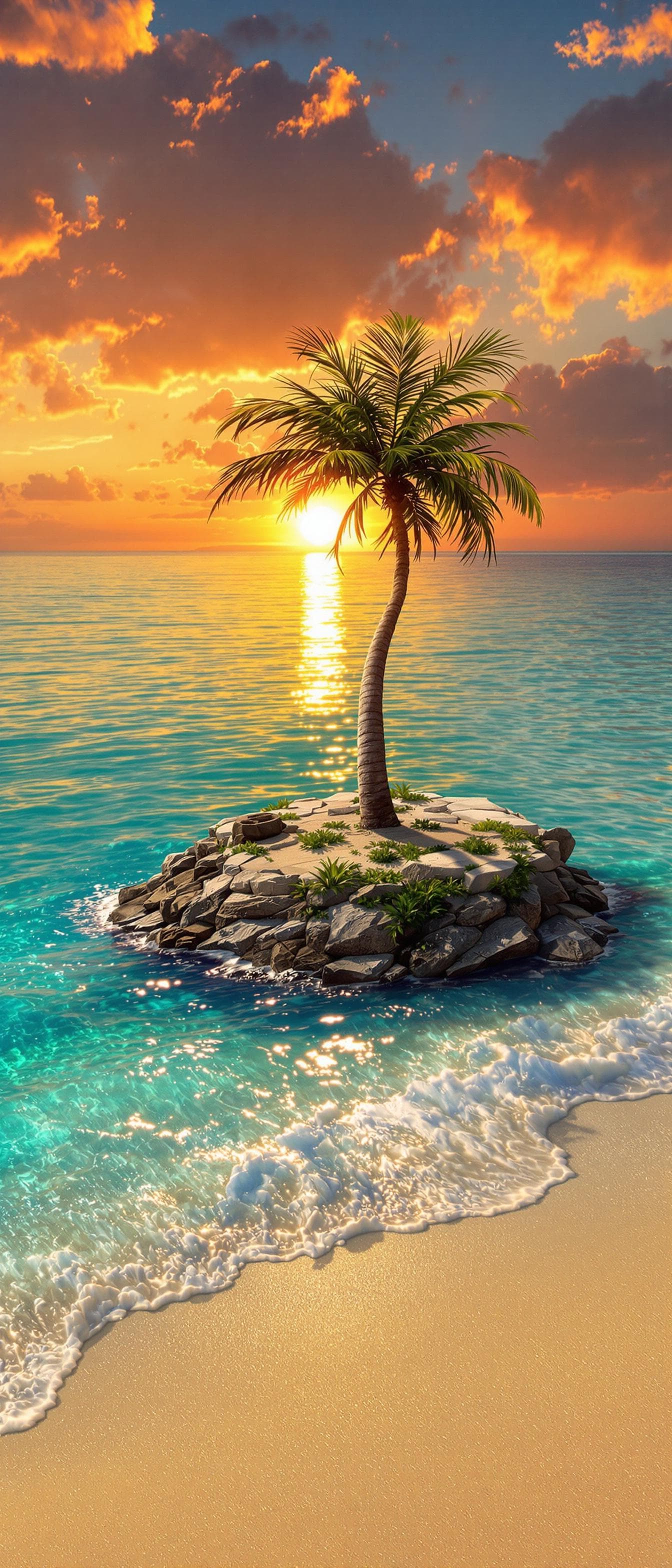 AI generated: a professional photo of a tiny island with a tiny sandy beach (masterpiece), (realistic), with a sin...