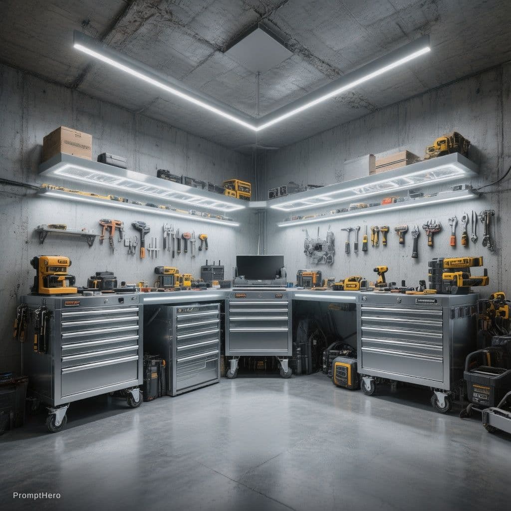 AI generated: photography, ultra-modern home electronics workshop, minimalist in design, illuminated by sleek embe...