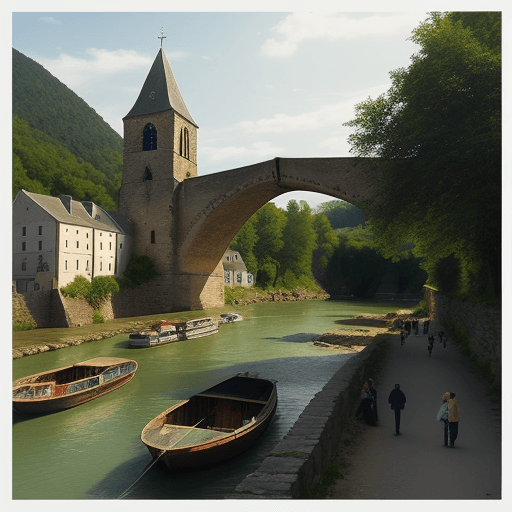 AI generated: small town, stone bridge with a river underneath, a church, small boats, people walking
