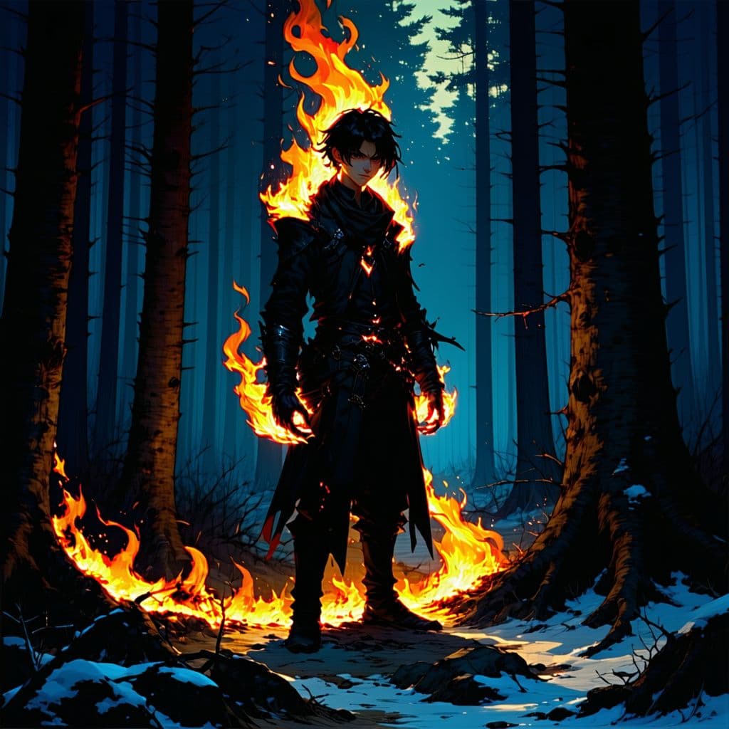 AI generated: A fiery spirit stands in a dark winter forest, a guy with black hair and his hands are engulfed in f...