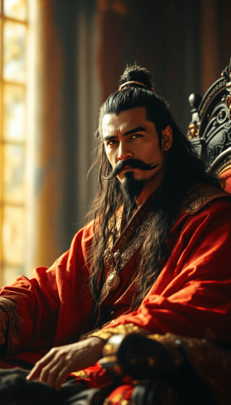 AI generated: Create an image of a charismatic male king without a crown, featuring long, flowing hair and a thick...