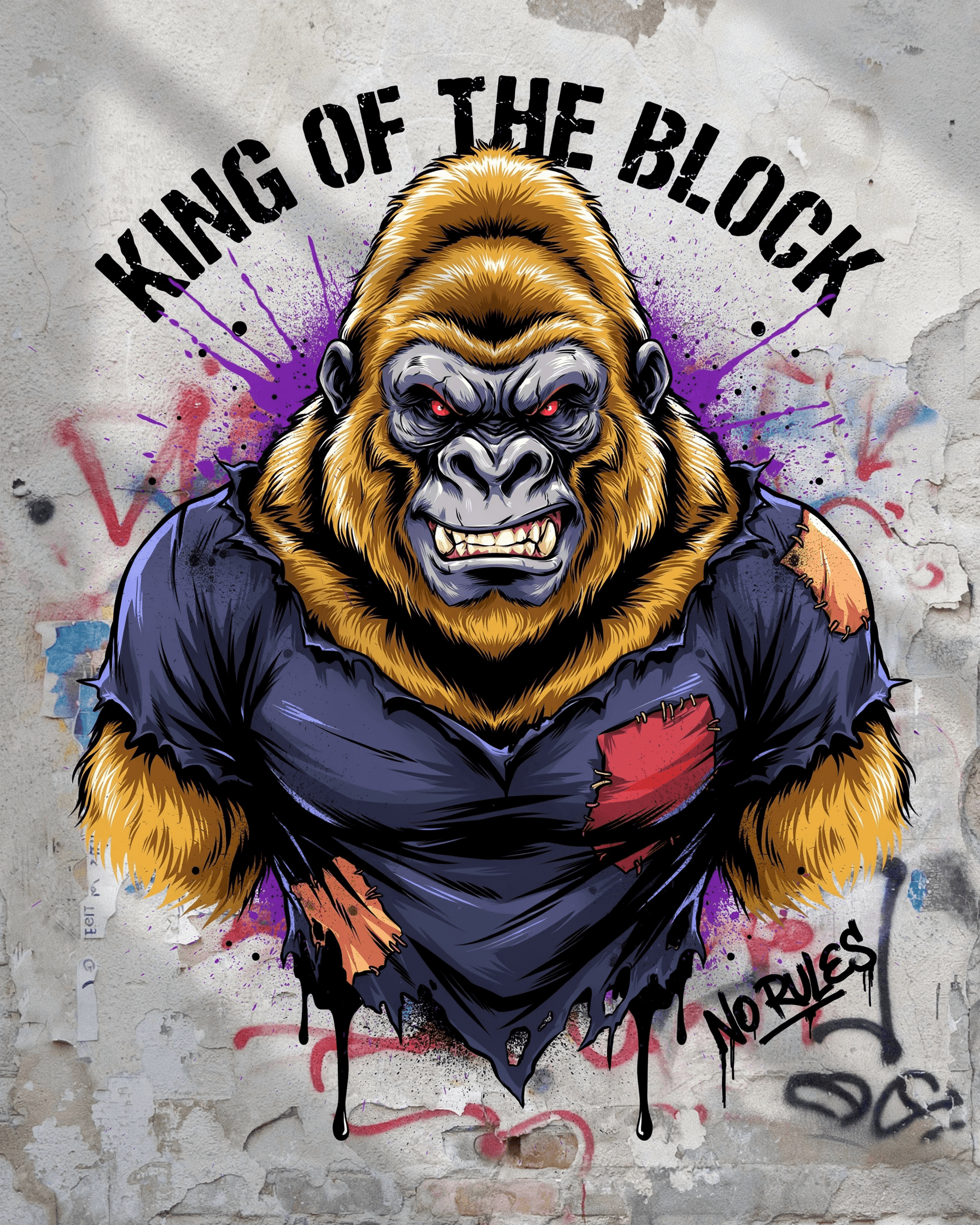 AI generated: Ultra detailed cyberpunk style illustration noir style gorilla, sitting front-facing, golden honey-c...