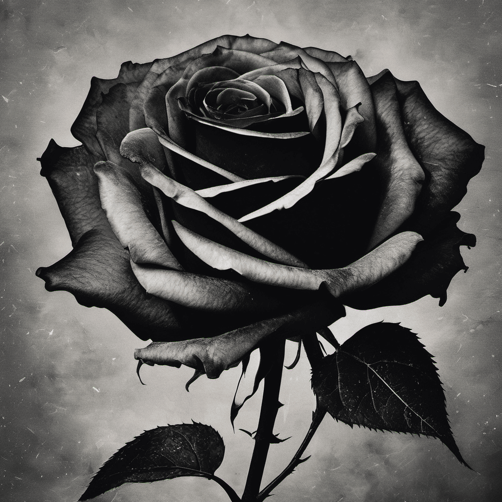 AI generated: A burnt rose, midnight, ashes, nostalgic, elegant, drama, emotional depth, volumetric, intense and b...