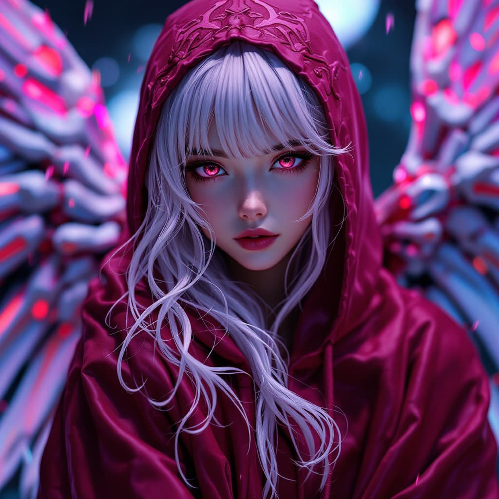 AI generated: Makoto Shinkai styled anime, adult woman, transforming into Evangelion Demonic Demon inspired mecha,...