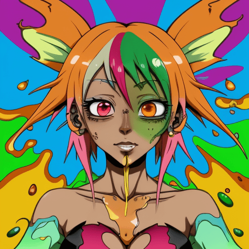 AI generated: colorful anime character high off THC with beady eyes and melting toffee like skin