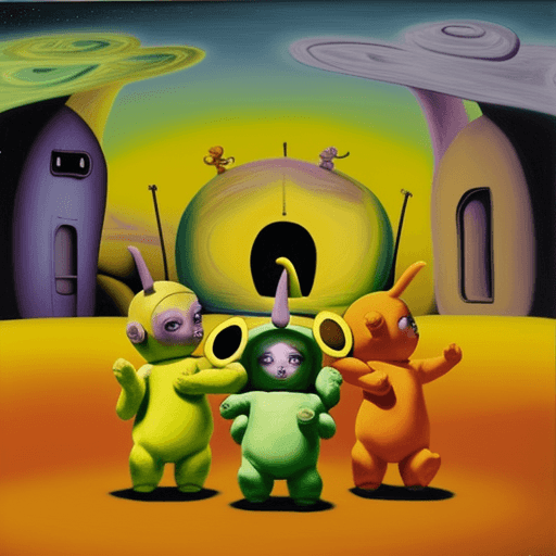 AI generated: Teletubbies performing , painting by Salvador Dali, see at the viwer, tetric, scare, 