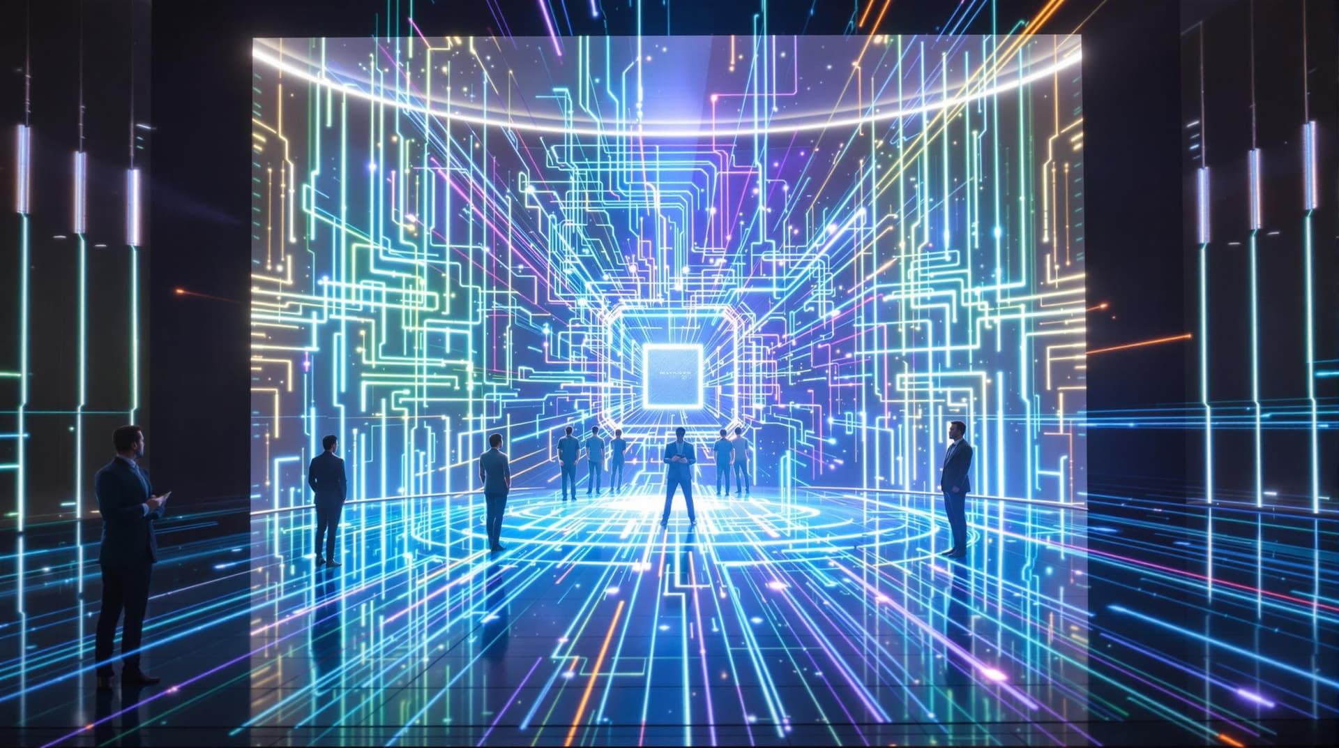 AI generated: /imagine prompt: Tech giant unveiling quantum processor in holographic theater, diverse engineers de...
