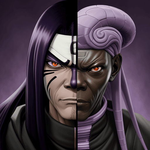 AI generated: Orochimaru from Naruto with the face of Samuel L. Jackson. Purple background