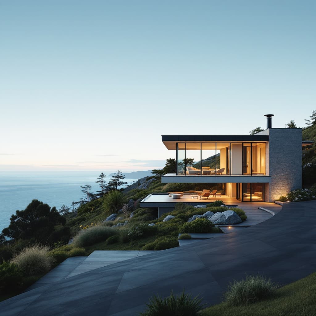 AI generated: Hyper realistic eye level exterior photo of a mid century modern style house overlooking the ocean, ...
