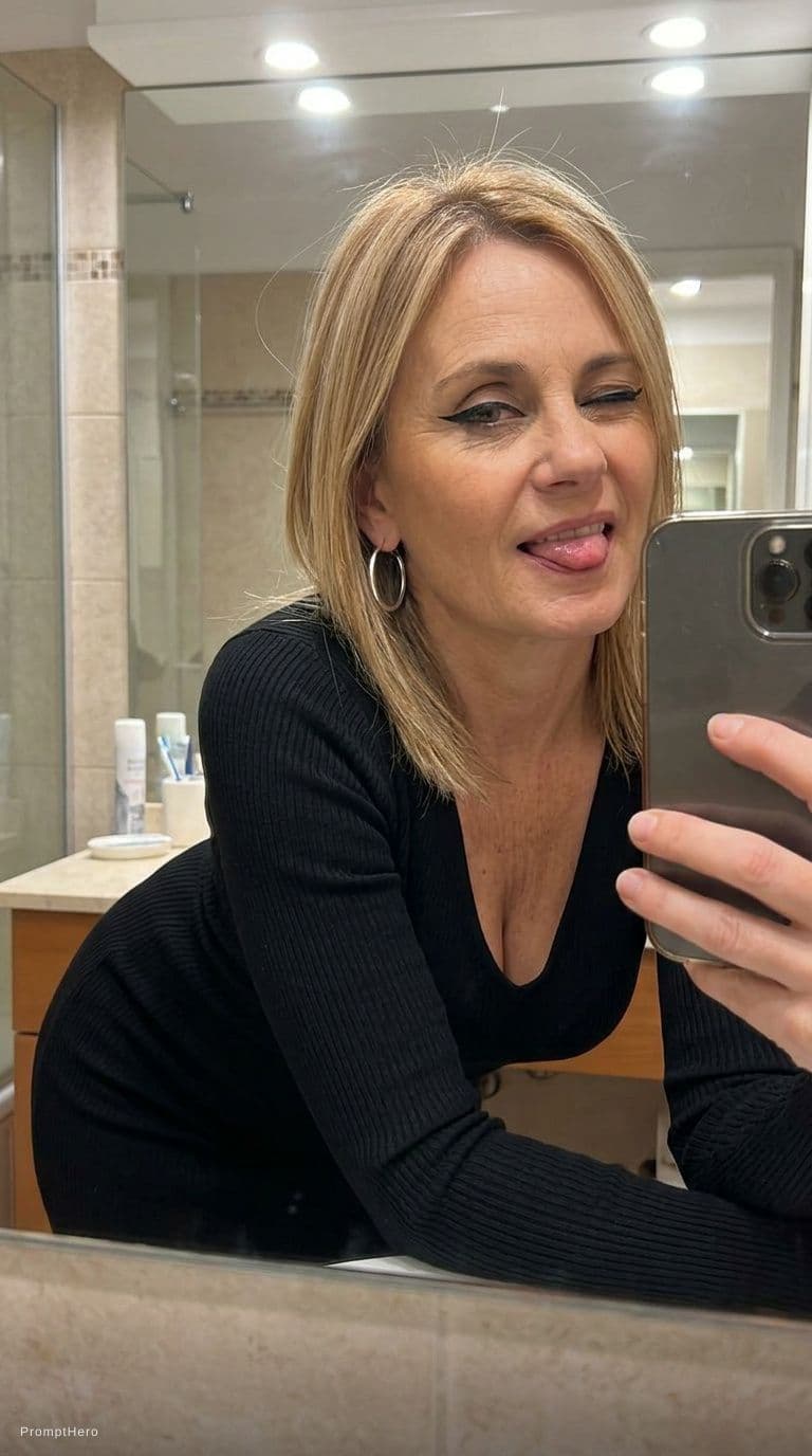 AI generated: looking at me. Taking a bathroom mirror selfie, wearing same (cleavage) bodycon dress leaning forwar...