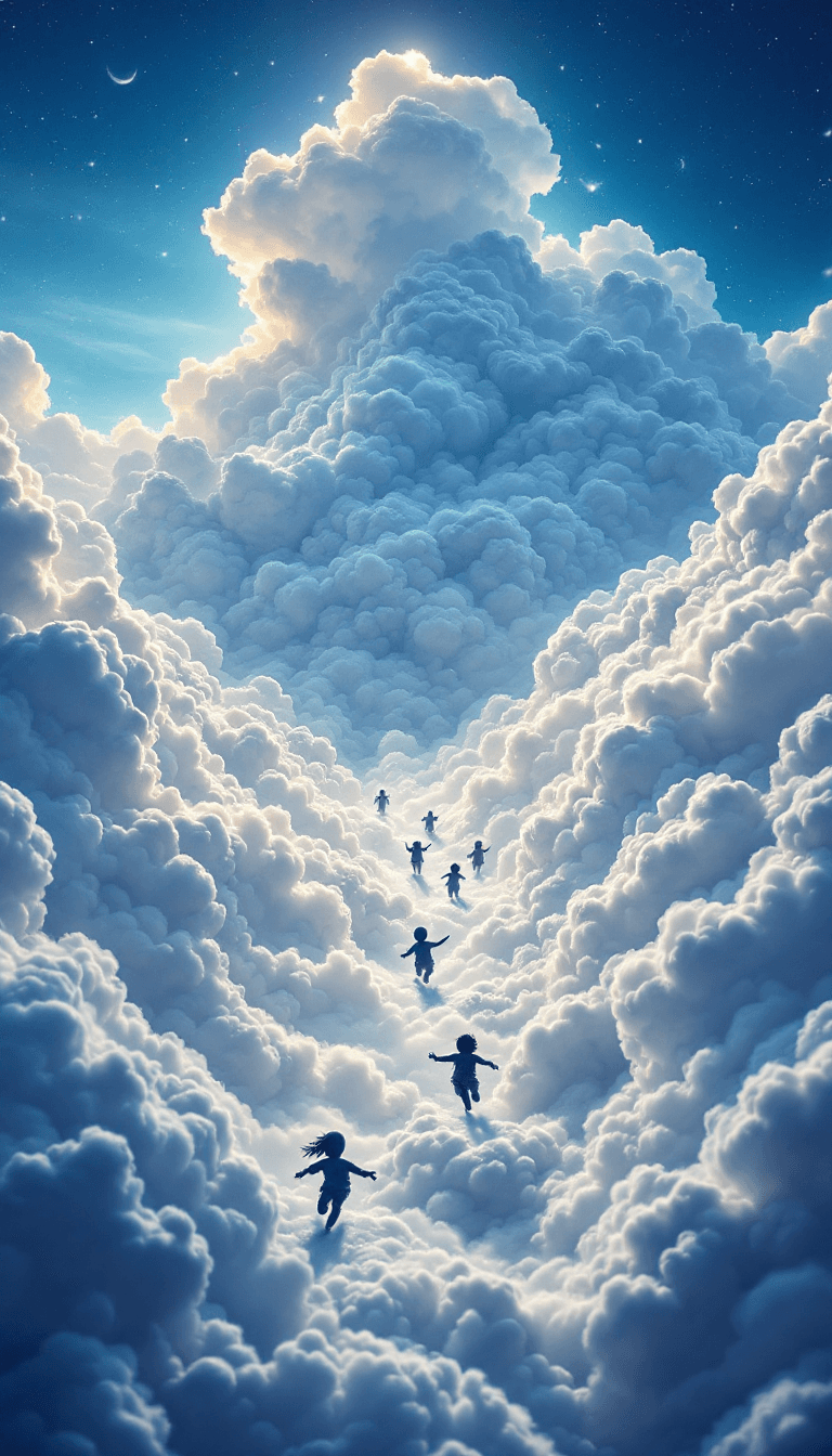 AI generated: macroview of haunting clouds in shape of ghost children playing  hide and seek,running ghost childre...