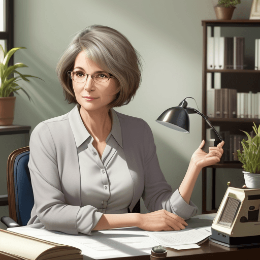 AI generated: hyper realistic photo, elegant 45-year-old woman sitting at her desk in her personal office, very sh...