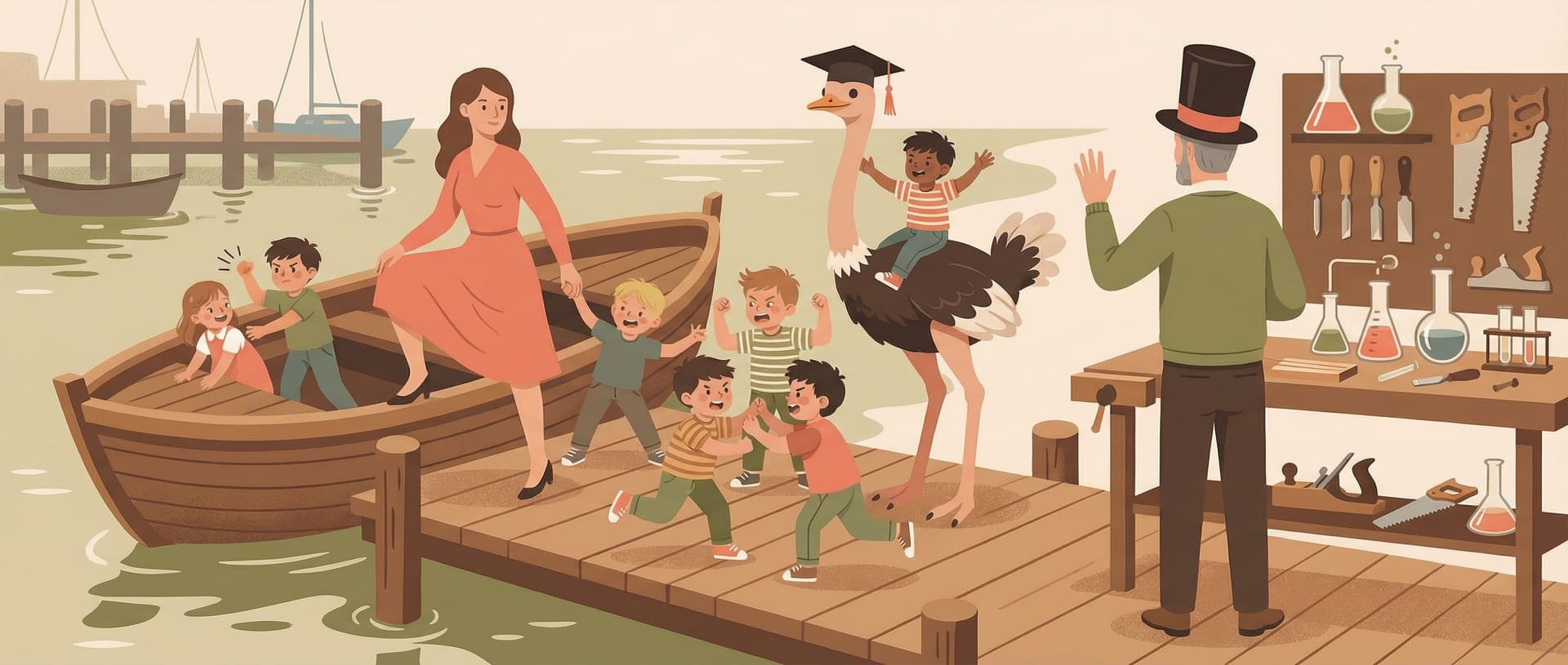 AI generated: flat vector illustration of harbor dock scene, woman boarding a boat surrounded by 7 rowdy children,...