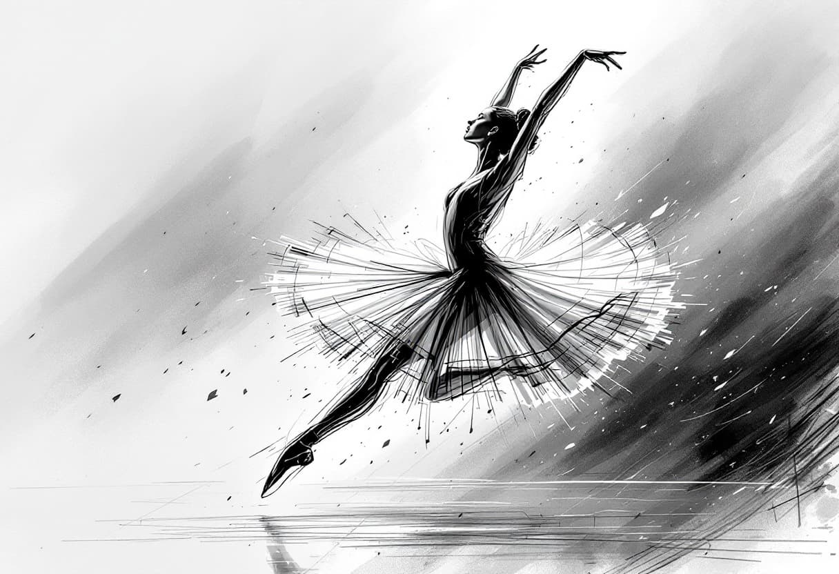 AI generated: A classical ballerina in mid-performance captured in a Monochrome Kinetic Sketch, as if it were a fl...