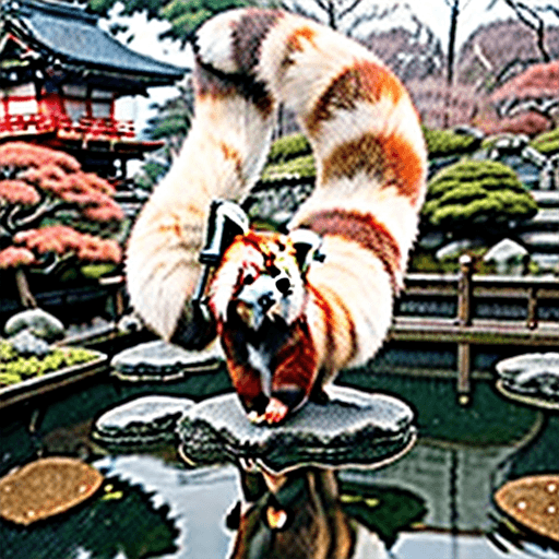 AI generated: High detailed image of fluffy red panda levitating over Kyoto garden. Red panda is relaxed and happy...