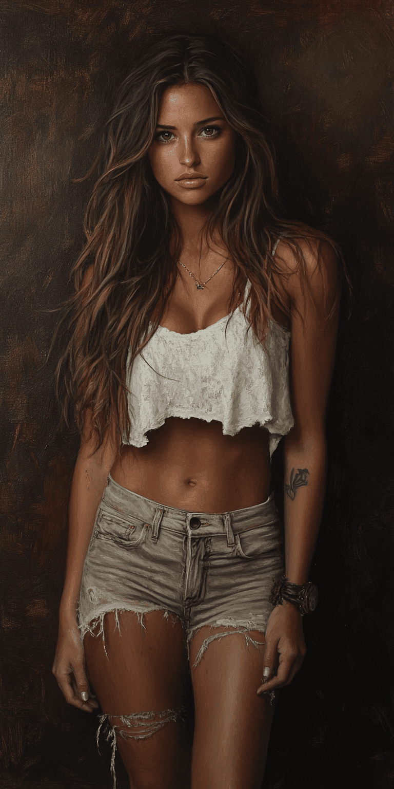 AI generated: Oil painting, full-body portrait of a beautiful woman with long hair wearing shorts and a white top,...