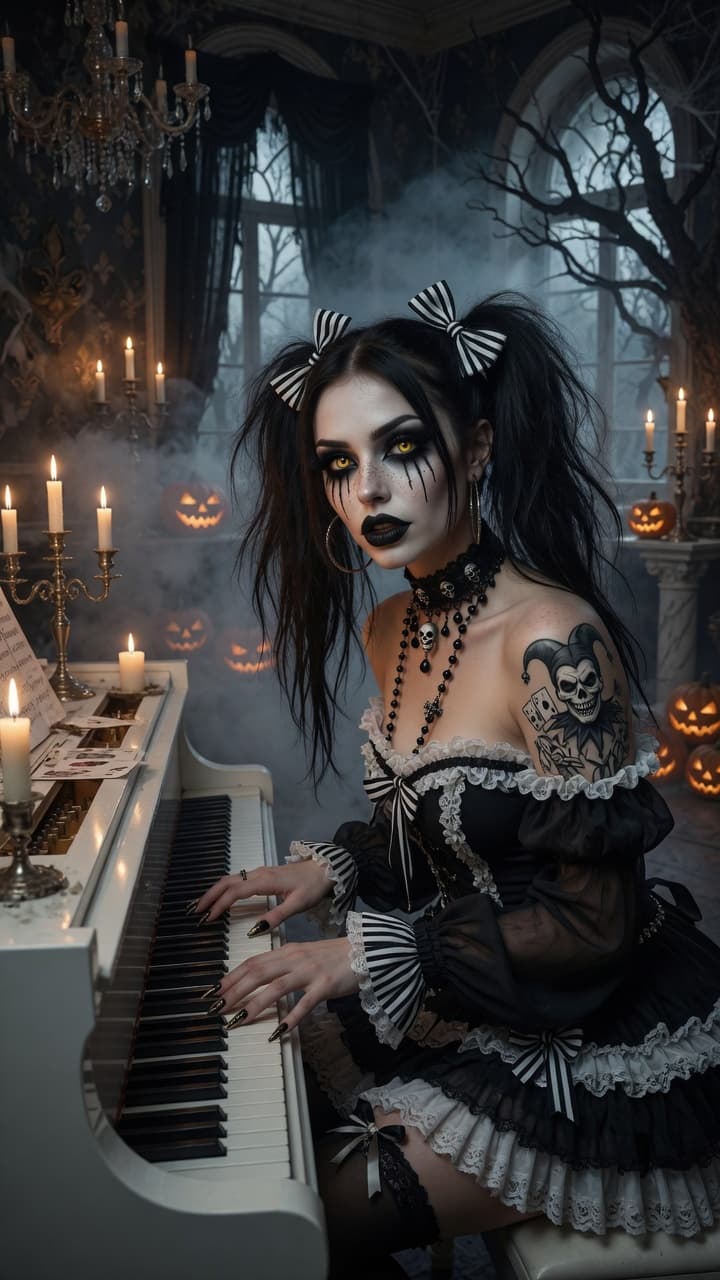 AI generated: A beautiful gothic woman with dramatic Halloween-inspired makeup, pale skin with subtle freckles, st...