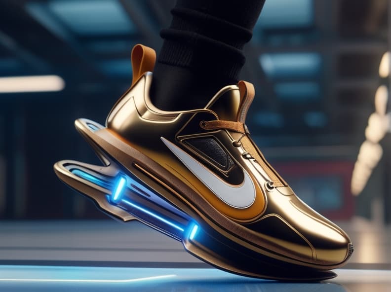 AI generated: a photorealistic limited edition sci-fi futuristic hovering jet powered shoe, NIKE, sparks, hovering...