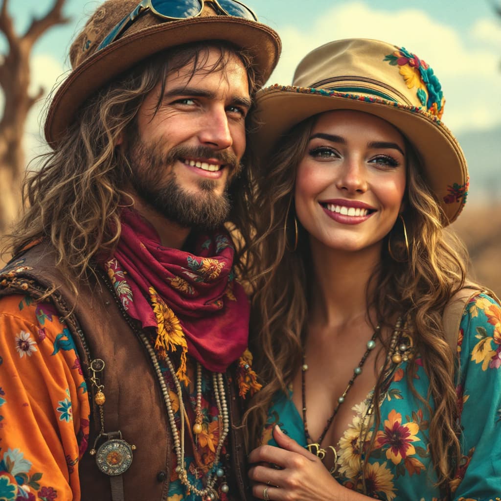 AI generated: A hippy girl and her hippy boyfriend from the 60's. Highly detailed 