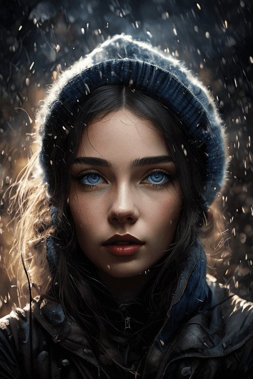 AI generated: a painting of a woman with blue eyes, in the style of dark silver and light black, characteristic co...