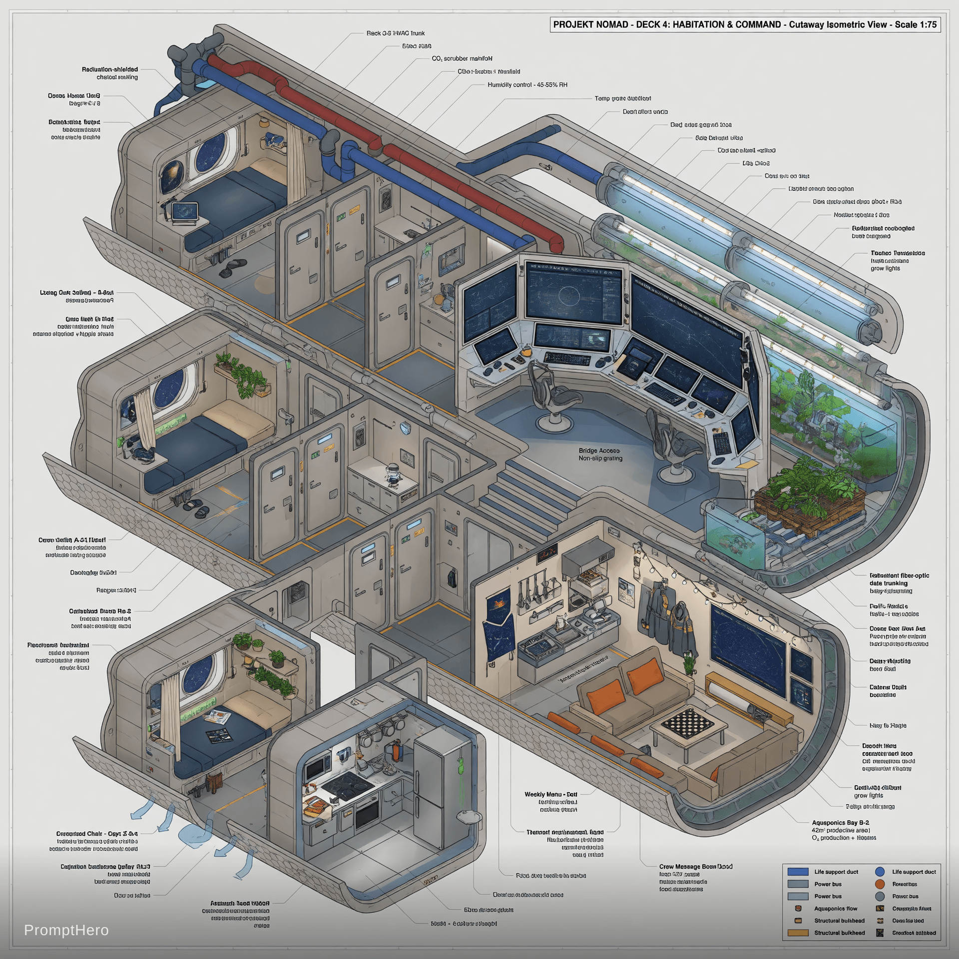AI generated: Highly detailed technical cutaway isometric view of Deck 4 (Habitation & Command) of Projekt Nomad, ...