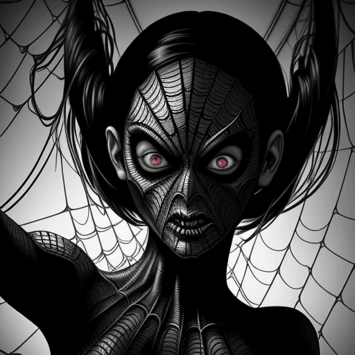 AI generated: mutant woman, spider face, black and white horror style