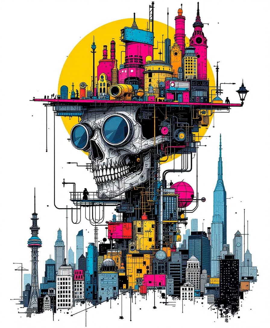 AI generated: drawing with a multi-colored hat, in the style of gloomy metropolises, pop culture mash-up, intricat...