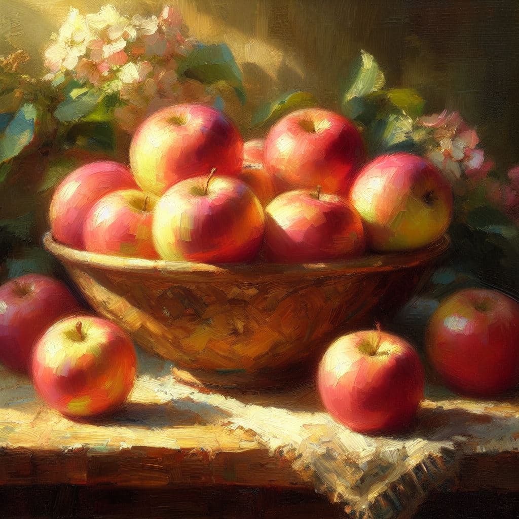 AI generated: An apple on a bowl, oil painting,4k, soft lighting