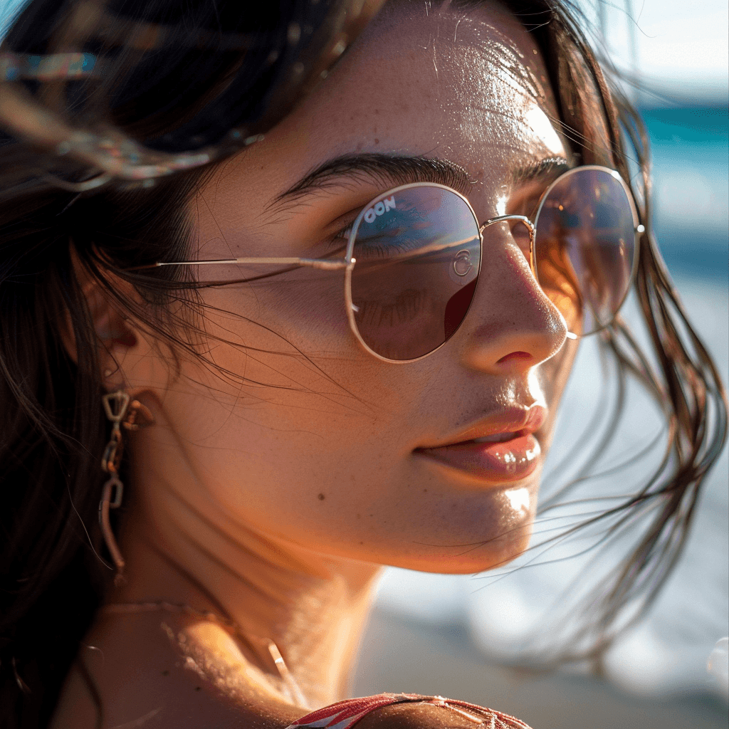 AI generated: Close-up of a model wearing sunglasses by the beach, Sony A7R IV, 85mm lens, natural light, detailed...